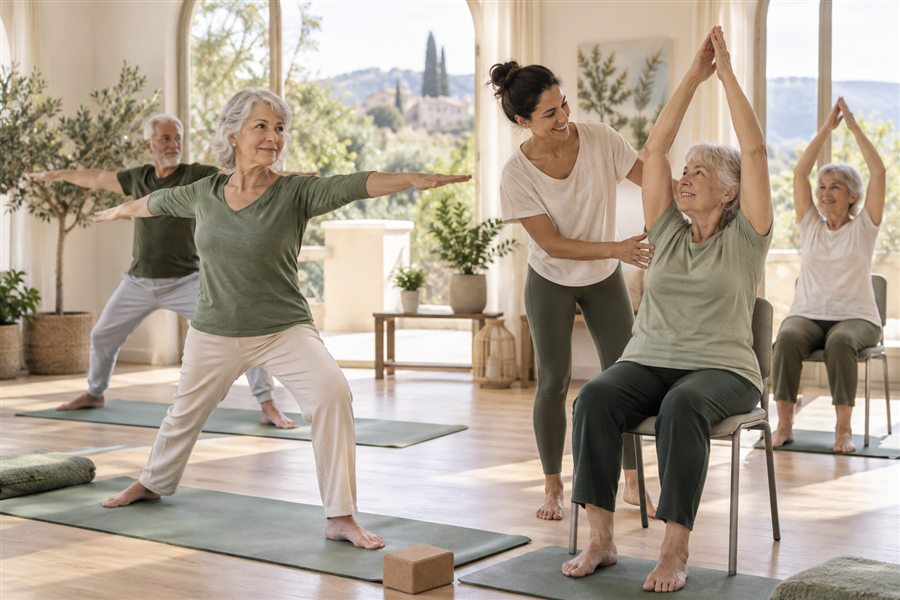 Seniors pratiquant le yoga sur tapis et sur chaise